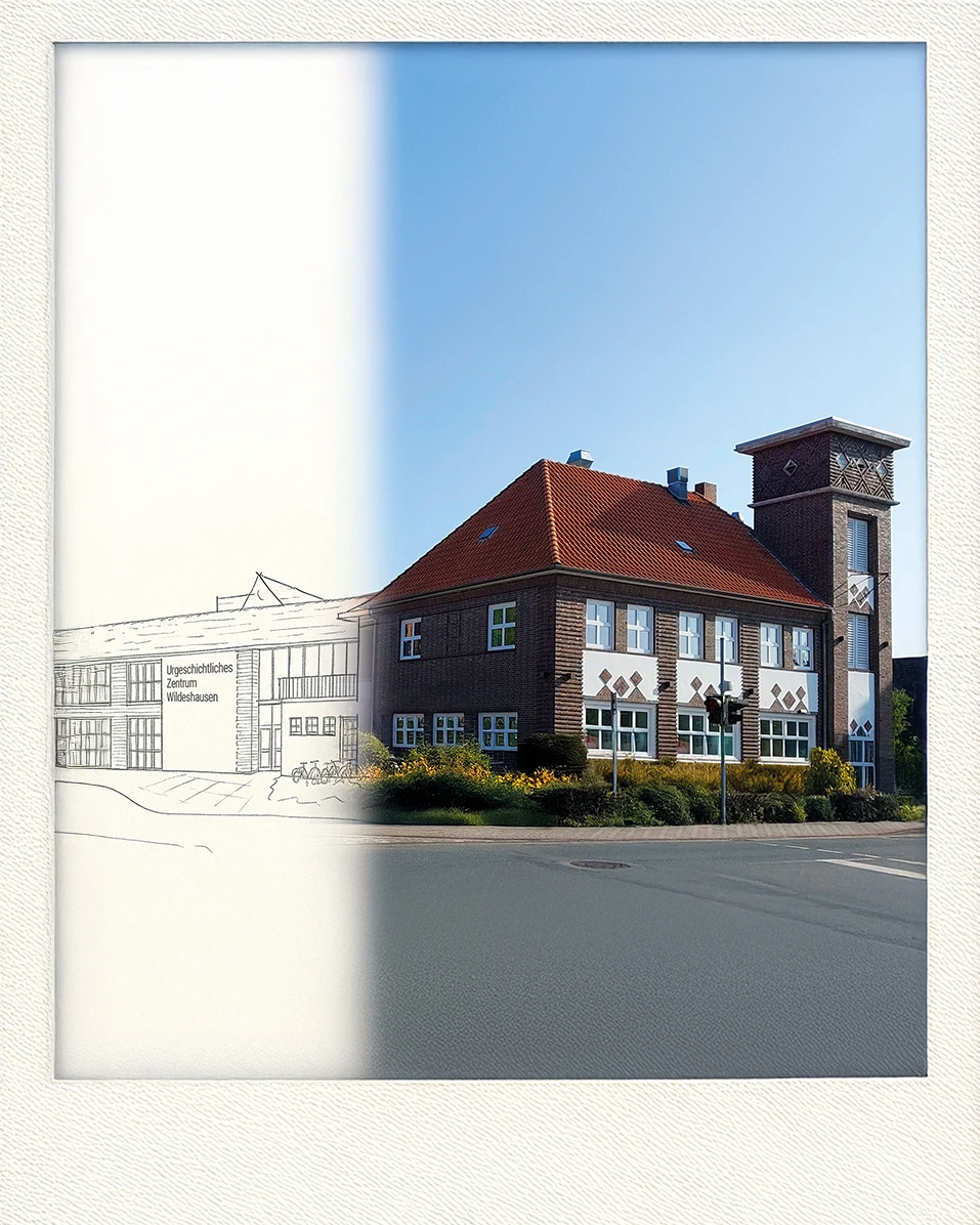 Eine Skizze von dem Firmengebäude dargestellt als Polaroid